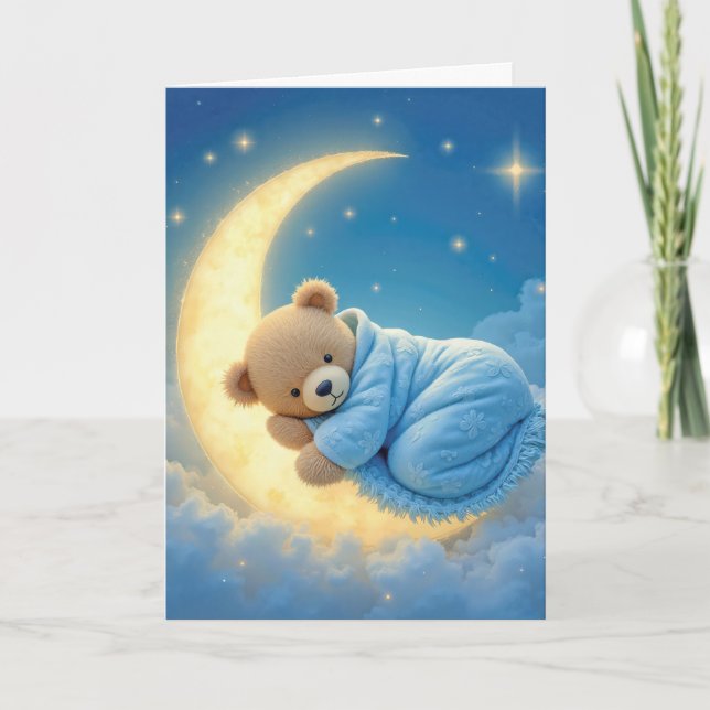 Carte Ours en peluche dormant sur une lune de croissant (Devant)