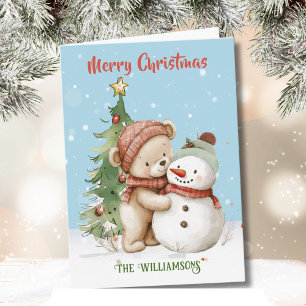 Carte Ours en peluche et arbre de Noël Snowman