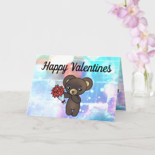 Carte Ours en peluche mignon avec fleurs pour Valentines