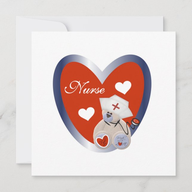Carte Ours-infirmière avec T-shirts et cadeaux de coeur (Devant)