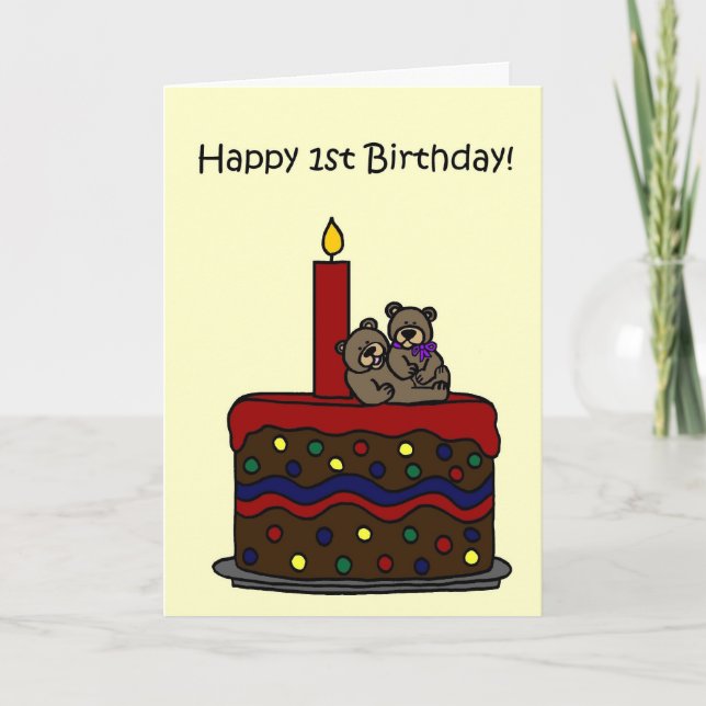 Carte ours jumeaux fille sur gâteau 1er anniversaire (Devant)