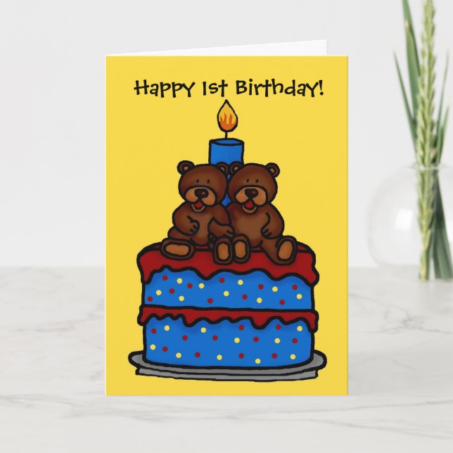 Carte ours jumeaux sur gâteau 1er anniversaire (Devant)