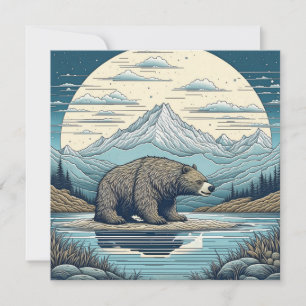 Carte Ours, Montagnes, Lac, Pleine lune Ai Art
