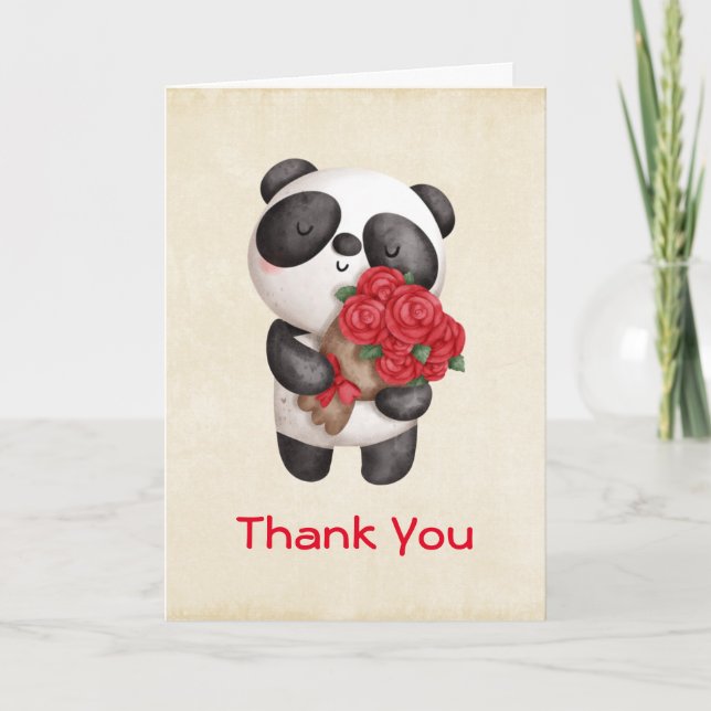 Carte Ours Panda mignonne avec Merci Bouquet Rose (Devant)