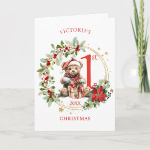 Carte Ours Poinsettia Foliage Baby's First Christmas