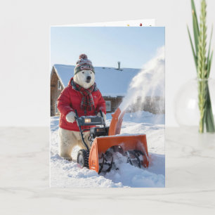 Carte Ours polaire de Noël poussant une souffleuse à nei