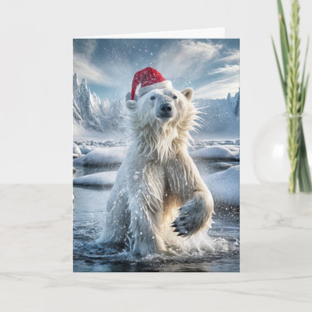 Carte Ours Polaire De Noël S'Éclaboussant Dans L'Eau Icy (Devant)