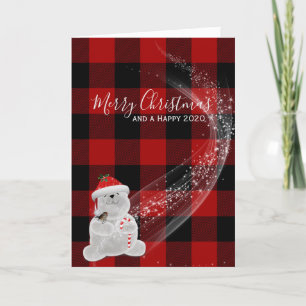 Carte Ours polaire de Noël sur plaid de bûcheron