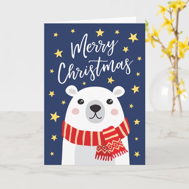 Carte Ours polaire portant foulard Joyeux Noël (Fleur jaune)