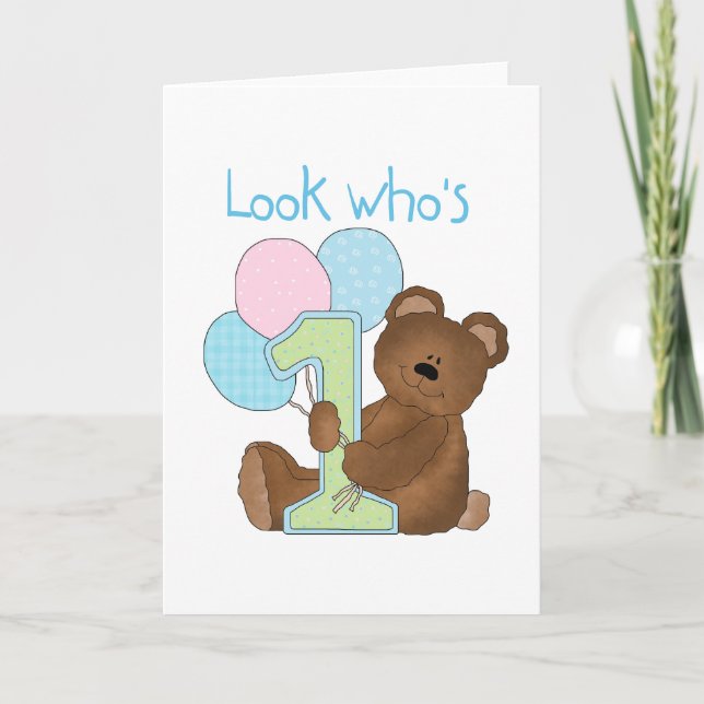 Carte Ours Premier anniversaire Chemises bleues et cadea (Devant)