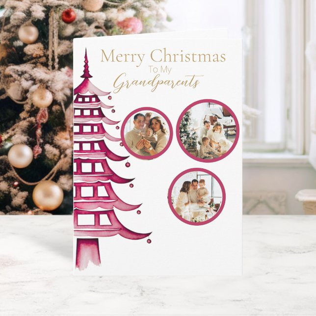 Carte Pagode rouge de Noël Arbre grand-parent 3 photos (Red Christmas Pagoda Tree Grandparent 3-Photo Card)