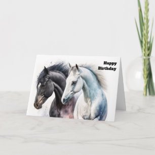 Carte Paire de Cheval noir et blanc en Aquarelle Anniver