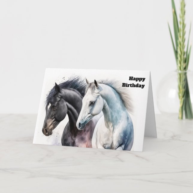 Carte Paire de Cheval noir et blanc en Aquarelle Anniver (Devant)