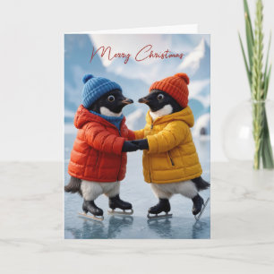 Carte Paire de pingouins de Noël patinant sur glace