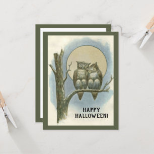 Carte Paire d'Halloween vintage de hibou assis Lune de n