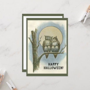 Carte Paire d'Halloween vintage de hibou assis Lune de n