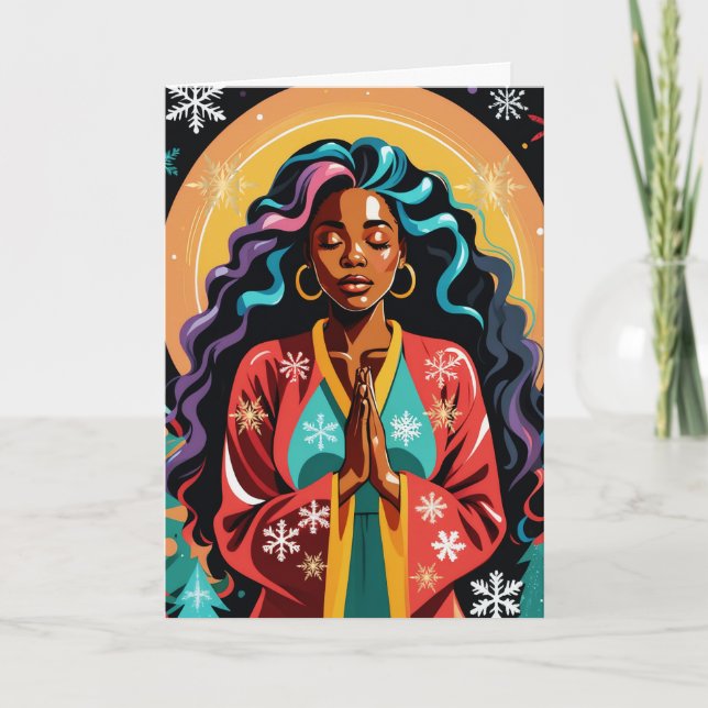 Carte Paix, Amour et Joie Noël Femme noire Priant (Devant)