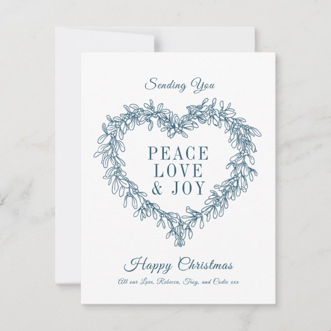 Carte Paix, amour joie bleu mistletoe coeur Noël (Devant)