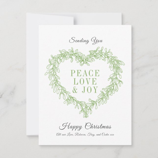 Carte Paix, amour joie gui vert cœur Noël (Devant)