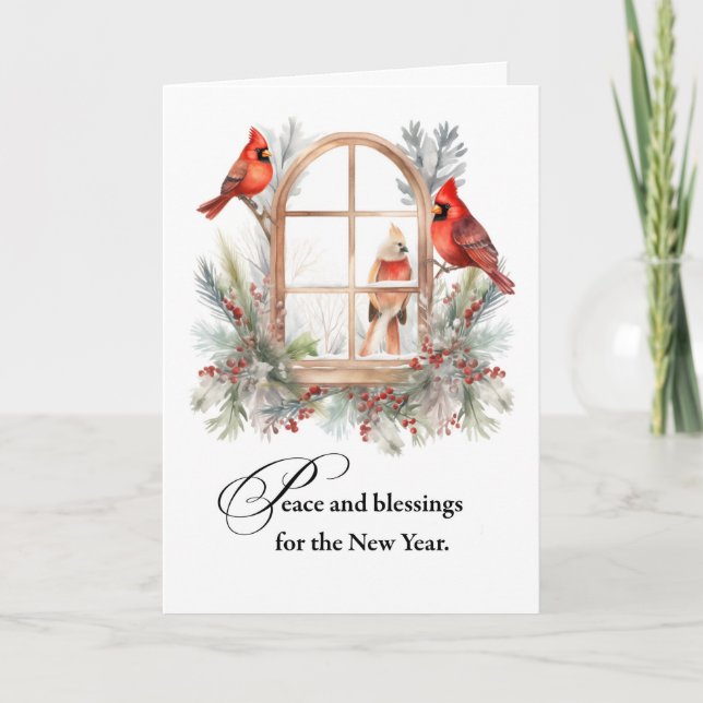 Carte Paix et bénédictions du Nouvel An Oiseaux cardinau (Devant)