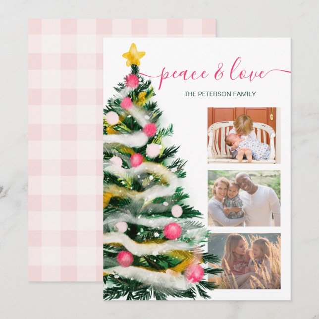 Carte Paix moderne Arbre de Noël aquarelle 3 photos (Devant / Derrière)