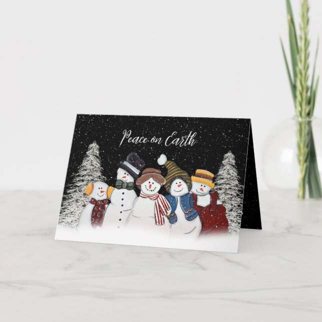 Carte Paix sur Terre Snowmen dans les flocons de neige (Devant)