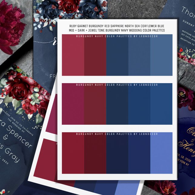 Carte Palettes couleur Mariage couleur marine et bijoux  (Burgundy Navy Wedding Color Palette featuring 3 separate color palettes for your Navy Burgundy color)