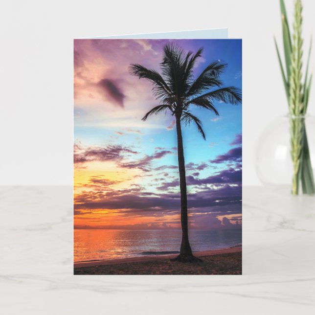 Carte Palmier tropical de coucher du soleil de plage (Devant)