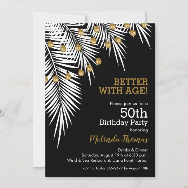 Carte Palmiers et lumières Noir et Or 50e anniversaire (Devant)