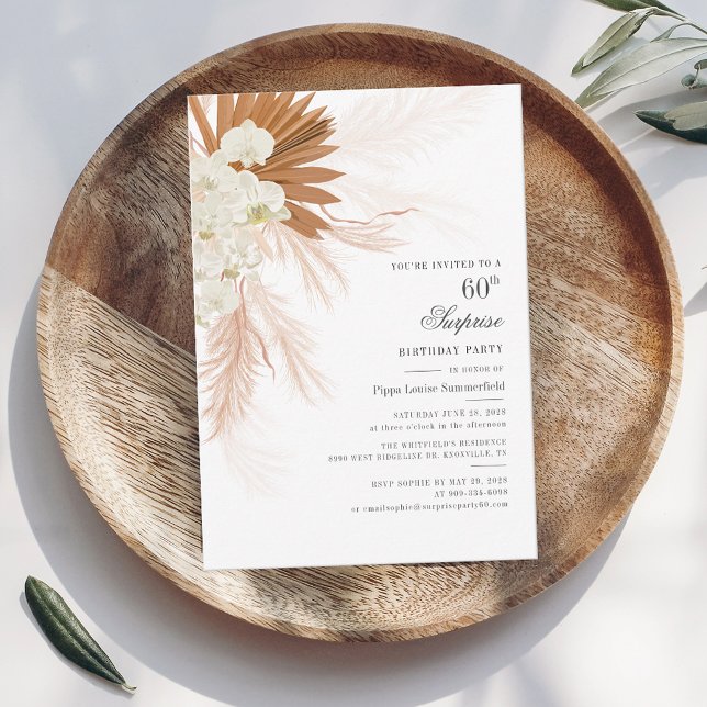 Carte Pampas Grass Script 60e anniversaire Surprise Part (Pampas Grass 60th Birthday Party Invitation)