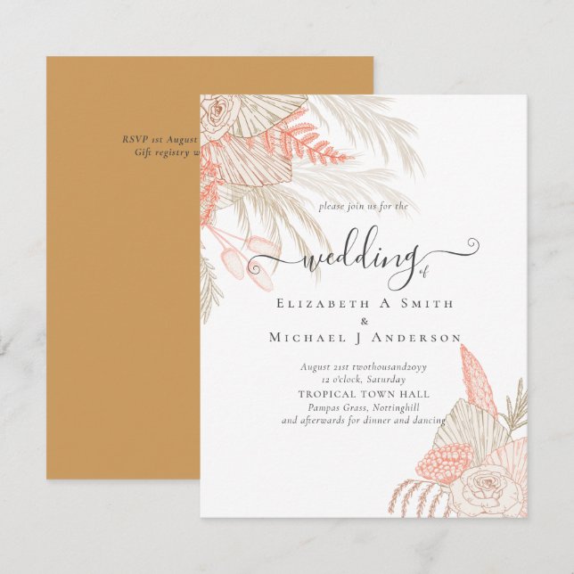 Carte Pampas Tropical Grass Terracotta Mariage (Devant / Derrière)