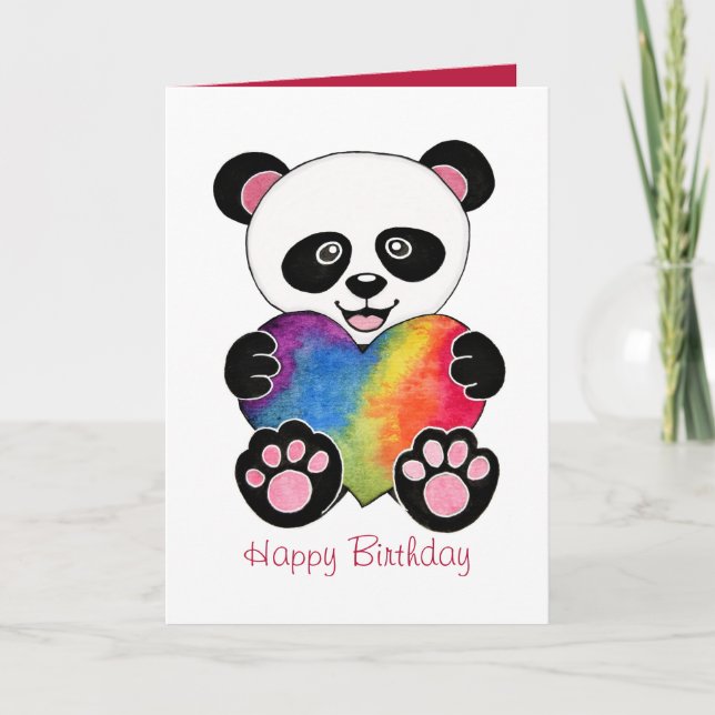 Carte Panda Aquarelle Cute Avec Coeur Arc En Ciel (Devant)