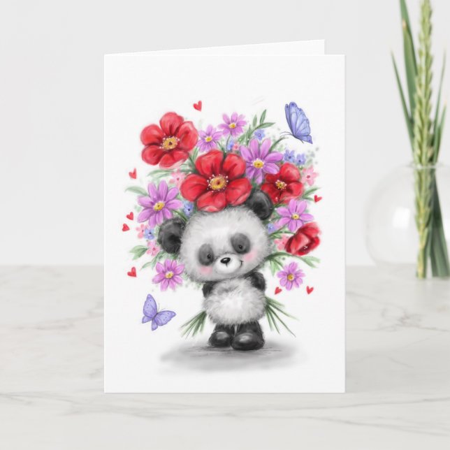 Carte Panda avec de belles fleurs pour un ami spécial (Devant)