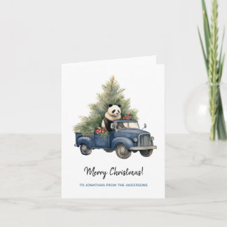 Carte Panda drôle dans Blue Retro Truck Xmas