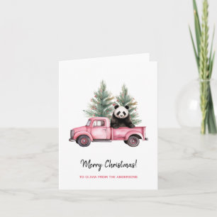 Carte Panda drôle en Camion Vintage rose Noël