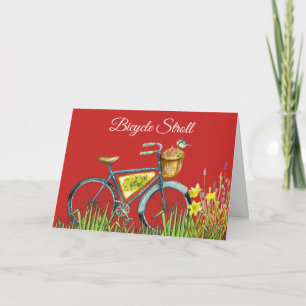 Carte Panier Bleu De Fleurs & Oiseau Rouge