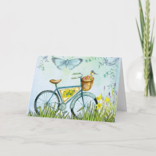 Carte Panier bleu Fleurs et oiseaux