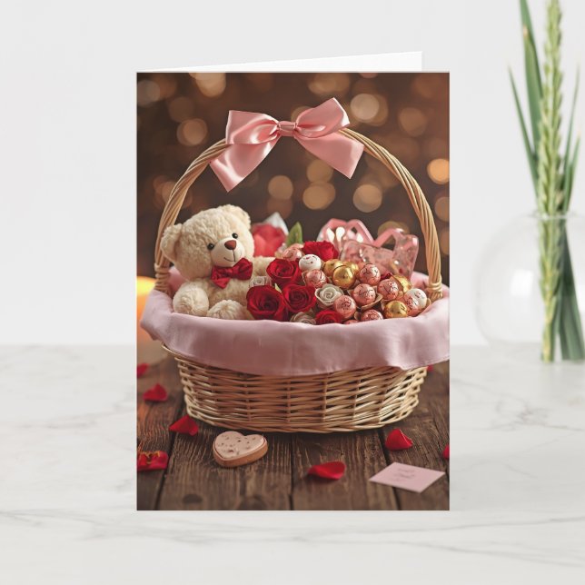 Carte Panier romantique de rose Teddy Saint-Valentin Car (Devant)