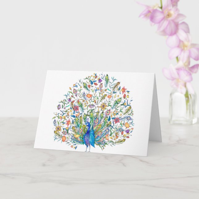 Carte Paon floral aquarelle  (Orchidée)