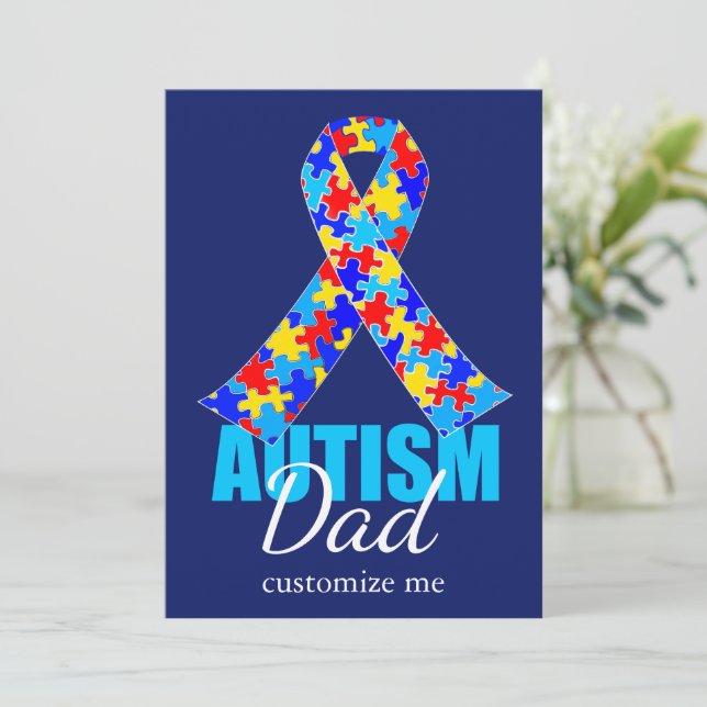 Carte Papa autisme personnalisé Ruban bleu Fête des père (Debout devant)