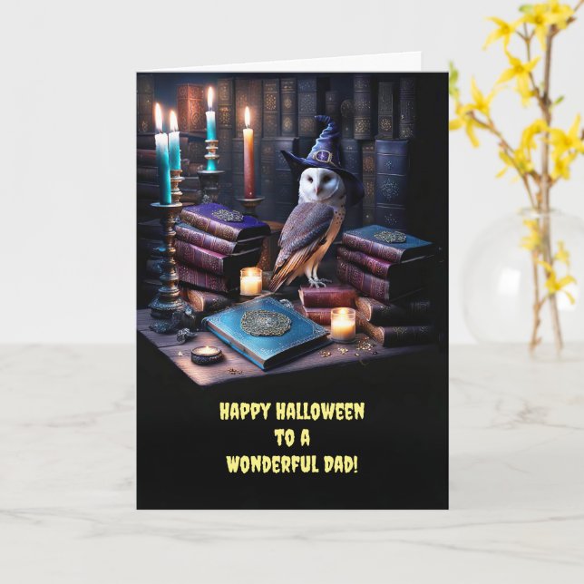 Carte Papa Père Happy Halloween avec mignonne Owl Magie (Fleur jaune)