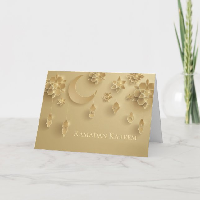 Carte Papier coupé Lanternes Ramadan, Lune, Fleurs, Or (Devant)