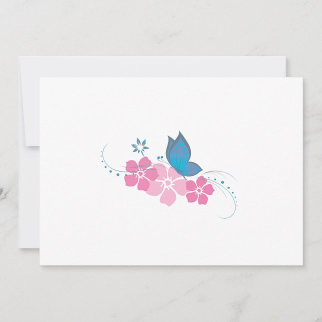 Carte papillon bleu, fleurs roses (Devant)