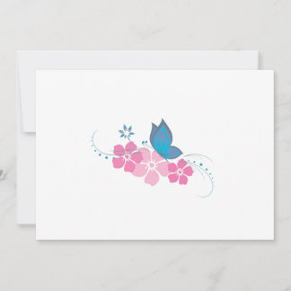 Carte papillon bleu, fleurs roses