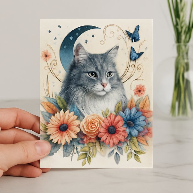 Carte Papillon Chat Gris Floral  (floral feline stationery for cat lover AI created)