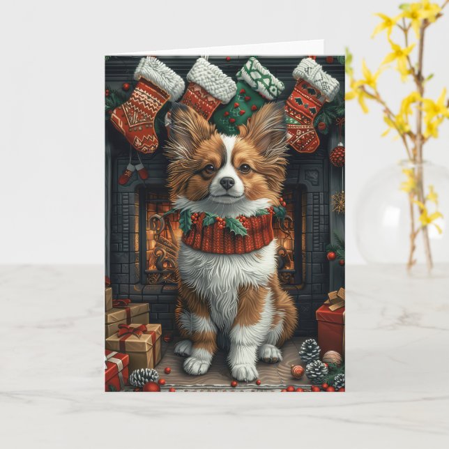 Carte Papillon Chien avec les cadeaux de Noël cheminée (Fleur jaune)
