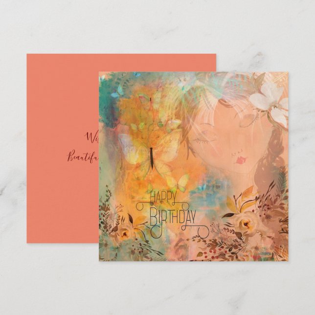 Carte Papillon floral Whimsical Girl Joyeux anniversaire (Devant / Derrière)