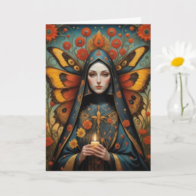 Carte Papillon Nun tenant la bougie Toute occasion vide (Petite plante)