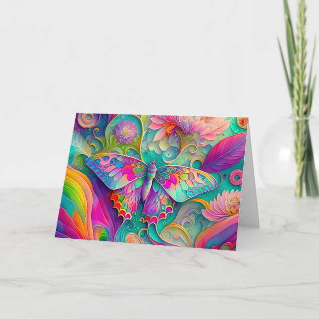 Carte Papillon psychédélique coloré et fleurs (Devant)