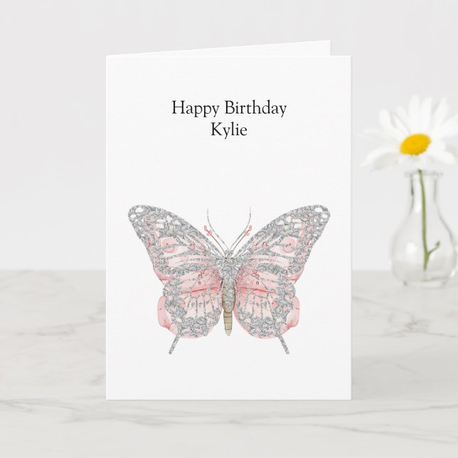 Carte Papillon rose Chic Argent Anniversaire (Petite plante)